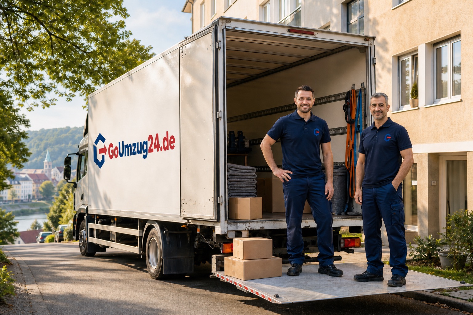 Beispielhafte Umzugsszene mit Team und gebrandetem Fahrzeug