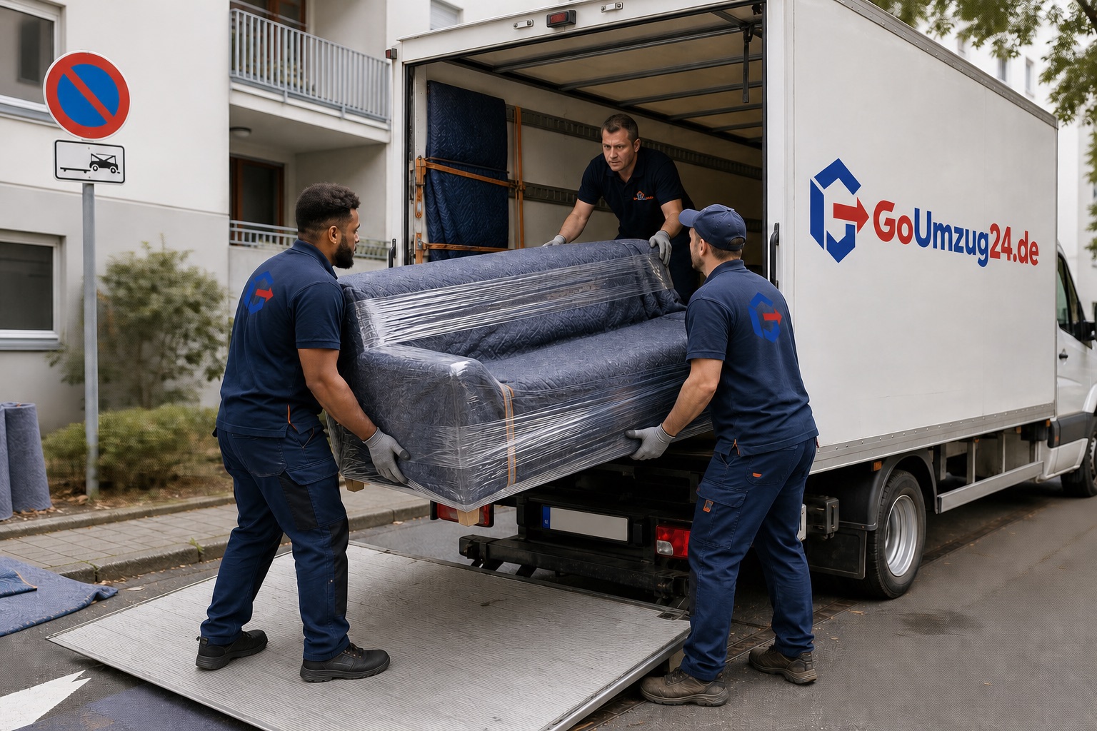 Beispielhafte Arbeitsszene: professionelles Beladen eines Umzugsfahrzeugs