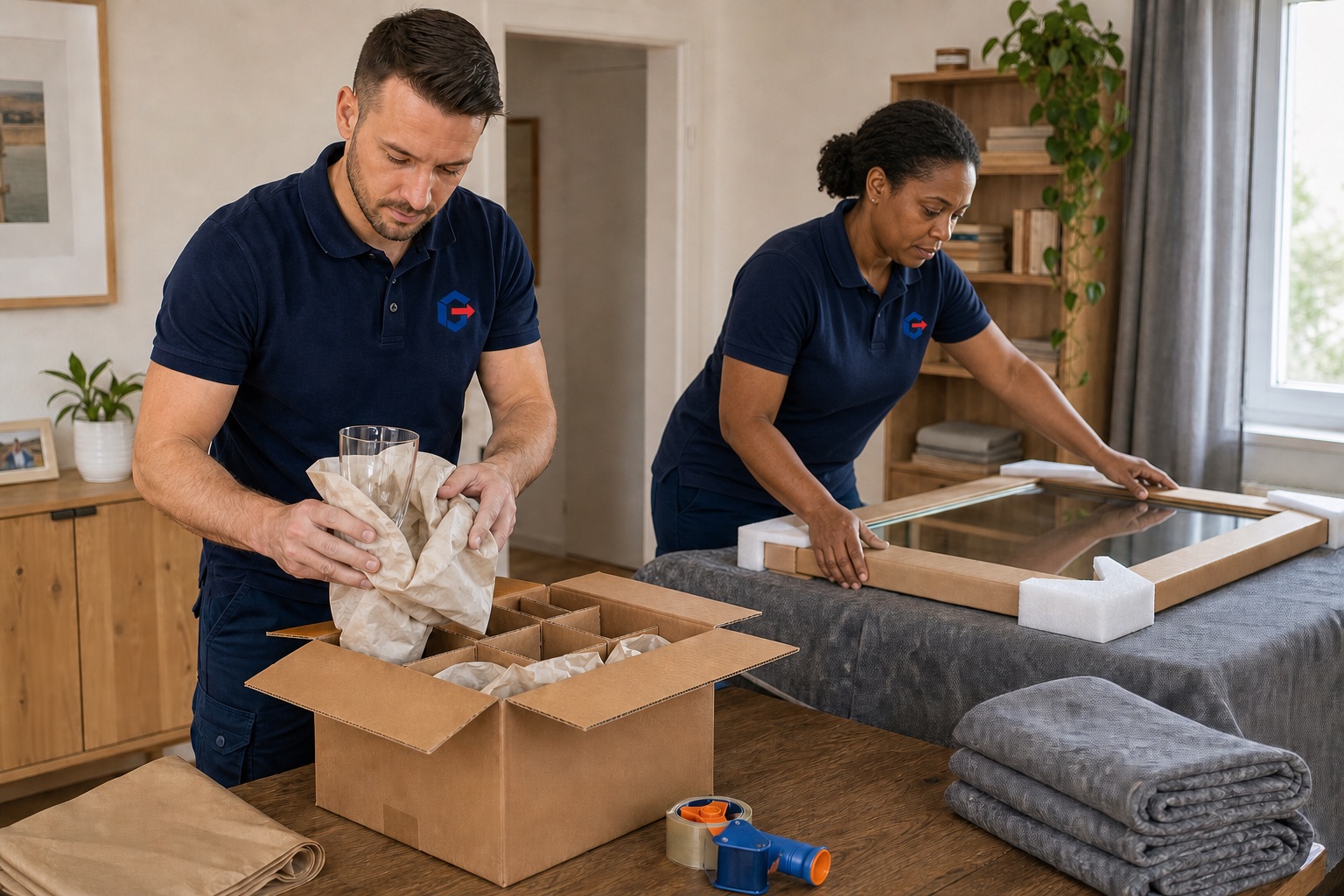 Beispielhafte Arbeitsszene: professionelle Verpackung von empfindlichem Hausrat