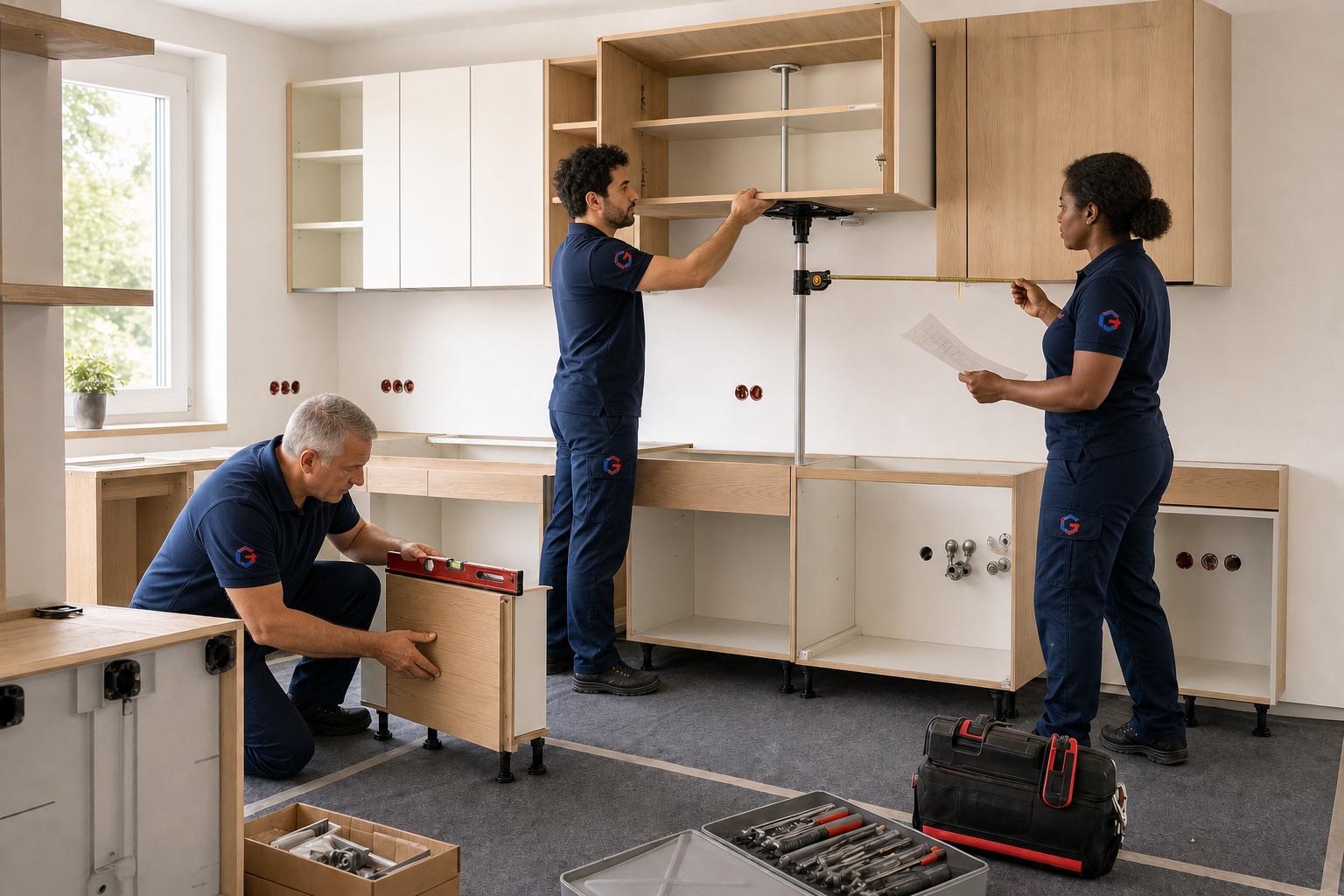 Beispielhafte Arbeitsszene: passgenaue Montage einer Küche