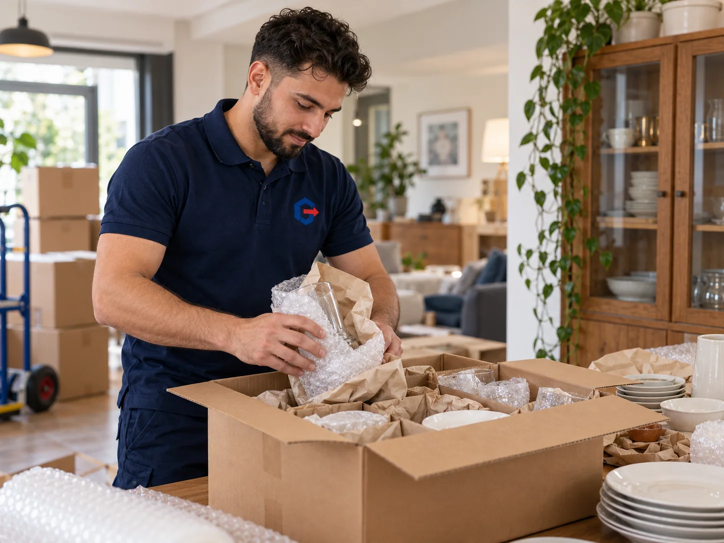 Beispielszene: Gläser mit Papier und Polsterung im Karton